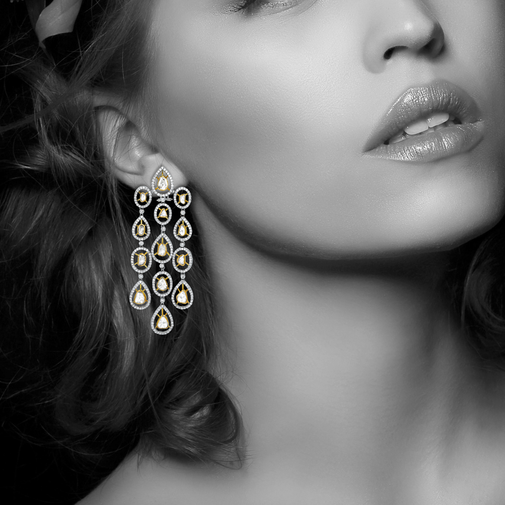 Chandelier Earrings with Pear-Shaped Polki and Diamond Halo